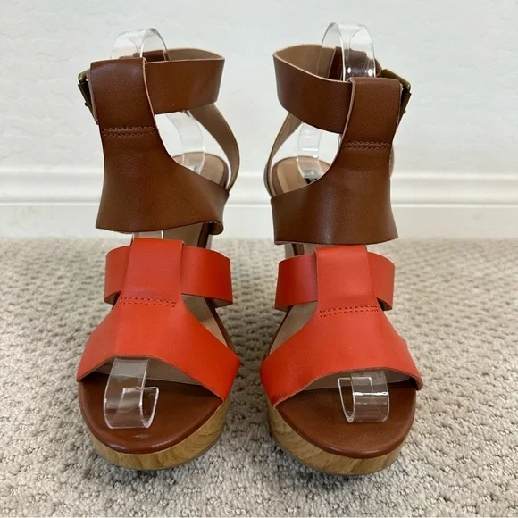 Parker & Sky Brown Orange Strappy Buckle Platform Wedge Heels Size 8 - Picture 2 of 7